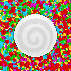 Multicolored festive paper confetti background. Colorful round celebration banner with confetti. Vector illustration for decoratio