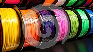 Multicolored filaments of plastic for printing on 3D printer close-up. Spools of 3D printing motley different colors