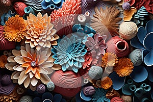 Multicolored flowers in cut paper style. Plants on the seabed. Generated by artificial intelligence