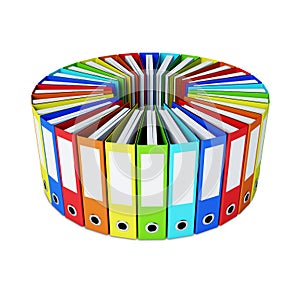 Multicolored folders forming a circle on white