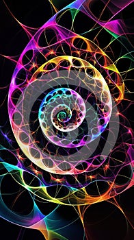 Multicolored fractal spirals glowing vibrantly on a pure black background, showcasing intricate patterns and mesmerizing visual