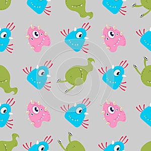Multicolored Funny cartoon monsters alien or bacterium seamless pattern