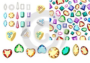 Multicolored gems. Set of multicolored gemstones. Seamless pattern with diamonds. Rim for gems.