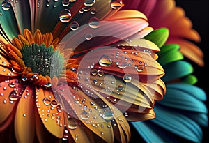 Multicolored gerbera flower macro shot of a water drops falling on a flower petals. Generative ai