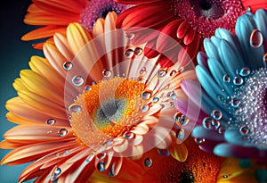 Multicolored gerbera flower macro shot of a water drops falling on a flower petals. Generative ai