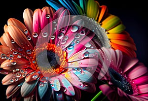 Multicolored gerbera flower macro shot of a water drops falling on a flower petals. Generative ai