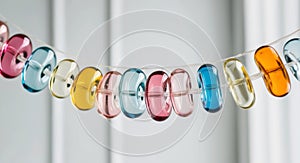 Multicolored Glass Beads Hanging in a String of Lights.