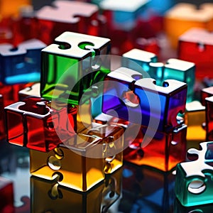 Multicolored glass jigsaw pieces, showing diversity and how different solutions fit together