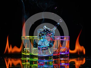 Multicolored glasses filled with alcoholic drinks, with splases of ice cubes falling inside, standing on the mirror surface on