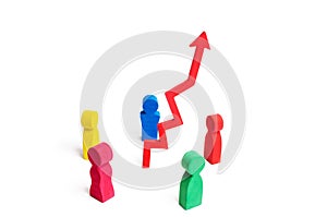 A multicolored group of people stands around the arrow up. Concept of business success. Increase sales and ranking, improve qualit