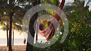 Multicolored hammock on seashore under crowns of palm trees