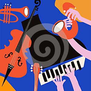 Multicolored hand-drawn jazz music poster with piano, sax, trumpet and violoncello