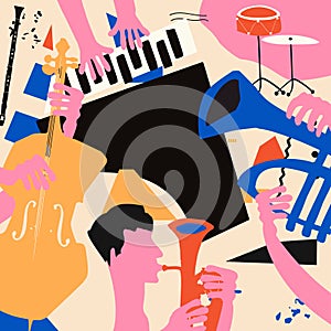 Multicolored hand-drawn jazz music session poster with piano, trumpet and violoncello