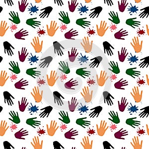 Multicolored hand prints on white background