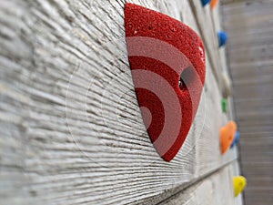 Multicolored handholds on a climbing wall