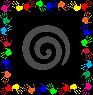 Multicolored handprints border isolated on black background