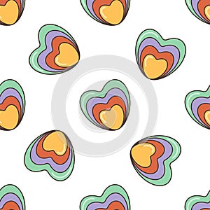 Multicolored heart seamless pattern. Illustration in cartoon style. 70s retro clipart vector design