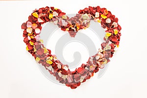 Multicolored heart shape with fresh rose petals on white background.