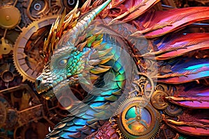 Multicolored holographic steampunk dragon. Background. AI generated.