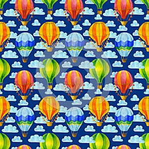 Multicolored hot air balloon watercolor seamless pattern