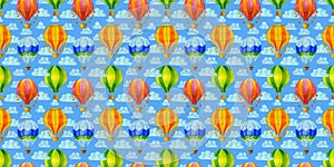 Multicolored hot air balloon watercolor seamless pattern