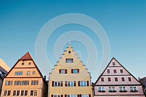 Multicolored houses with many windows in Rothenburg ob der Tauber in Germany.