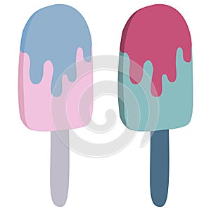 Multicolored ice cream in chocolate on a stick. Children`s Vector Illustration