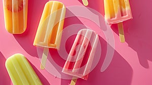 multicolored ice cream popsicle. Various gelato, frozen lollypops on light pink sunny background photo