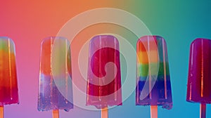 multicolored ice cream popsicle. Various gelato, frozen lollypops on light pink sunny background photo