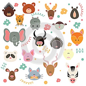 Multicolored icons depicting animal heads isolated on a white background.