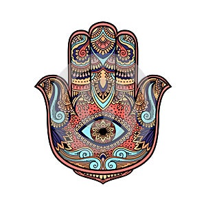 Multicolored illustration of a hamsa hand symbol. Hand of Fatima religious sign with all seeing eye. Vintage boho style. Vector il