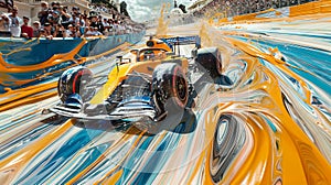 Multicolored illustration with racing car in dynamics paint splatter and speed lines. Concept of motorsport, tournament