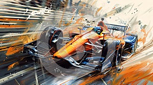 Multicolored illustration with racing car in dynamics paint splatter and speed lines. Concept of motorsport, tournament