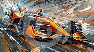 Multicolored illustration with racing car in dynamics paint splatter and speed lines. Concept of motorsport, tournament