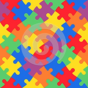 Multicolored jigsaw puzzle in diagonal arrangement. Playful and children theme. Simple flat vector illustration