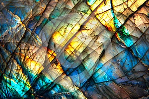 Multicolored Labradorite stone texture, abstract background with blue, green, yellow and orange veins photo