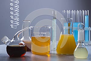 Multicolored liquids in laboratory containers