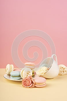 Multicolored macaroons cake are placed in a saucer and a cup alo