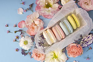 Multicolored macaroons cakes with big and small different flower