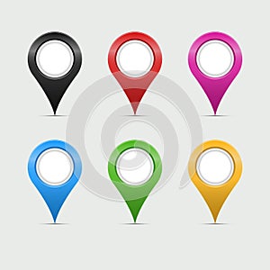 Multicolored Map Markers or Teardrop Pointers. Quality Map Markers Isolated on Grey Background. Realistic 3D Vector Art