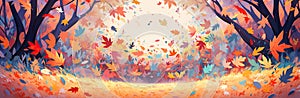 Multicolored maple leaves flying in autumn forest. Banner background with copy space, generative AI illustration in storybook