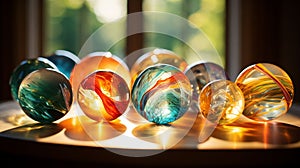 multicolored marbles on a glass stand near a window