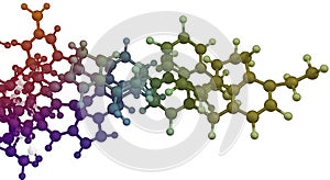 A multicolored molecular structure visualizes an organic compound model.