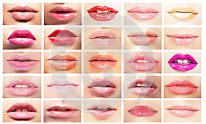 Multicolored Mouths. Set of Women's Lips. Bright Makeup & Cosmetics