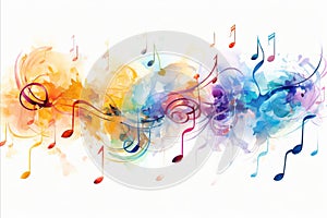 Multicolored music background with flying neural network notes on white backdrop and copyspace