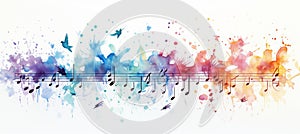 Multicolored musical abstract background with flying neural network musical notes on white backdrop