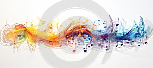 Multicolored musical abstract background with flying neural network musical notes on white backdrop