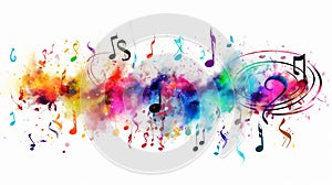 Multicolored musical abstract background with flying neural network musical notes on white backdrop