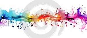 Multicolored musical abstract background with flying neural network notes on white backdrop