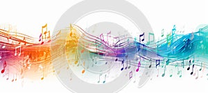 Multicolored musical abstract background with neural network flying musical notes on white backdrop